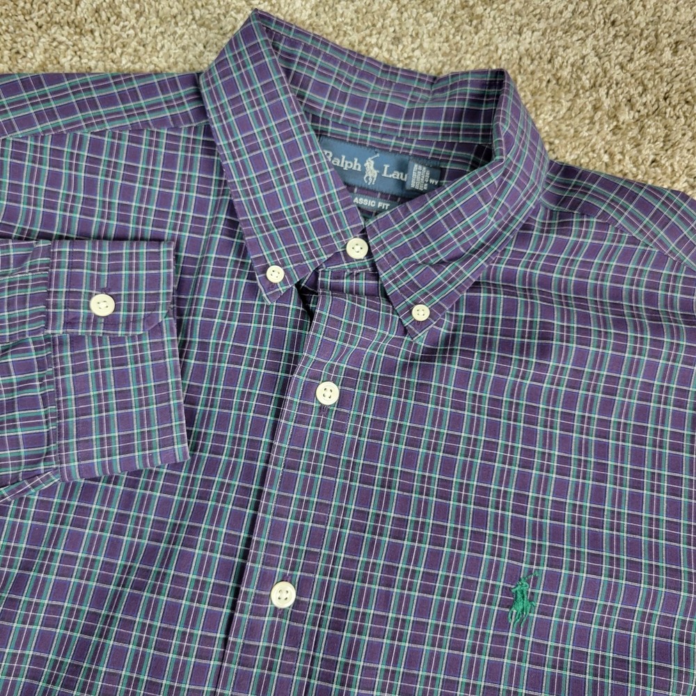 Vintage Ralph‎ Lauren Classic Fit Mens Large Purple Green Plaid Pony Button Down
